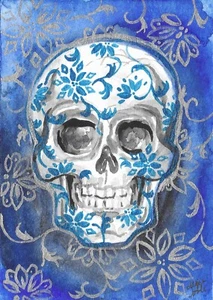 Calavera Azul Blanco Floral China Estampado - Estampado ACEO 5 de 10 - Imagen 1 de 1