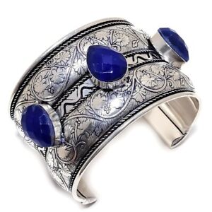 Lapis Lazuli Gemstone Handmade 925 Sterling Silver Cuff Bracelet Adjustable