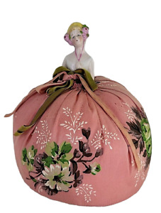 Antique Vintage Porcelain Half Doll Pin Cushion Pink Rose Floral Dress Blonde