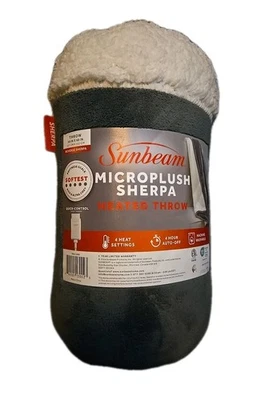 Sunbeam Microplush Reverse Sherpa Gray 50x60 Throw 4 Heat Settings Auto-off