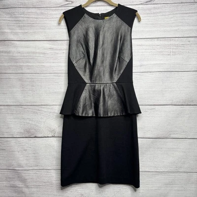 Vestido Vaina Nicole Miller Peplum 100% Cuero Negro Manga Frontal Gorra Talla 4 Foto 1 de 4