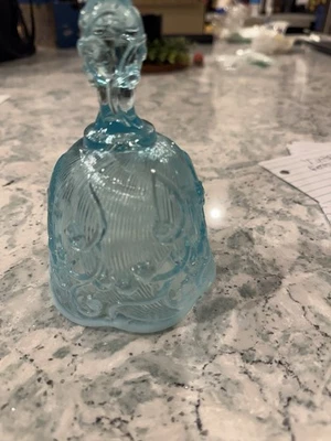 Vintage Fenton Blue Opalescent Lily Of The Valley Glass Bell Original Sticker  - Image 1 of 3