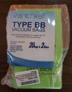 Reinlichkeit Type BB Vacuum Bags 20 Bags 2 Filters Hypo Allergenic Filtration - Picture 1 of 2