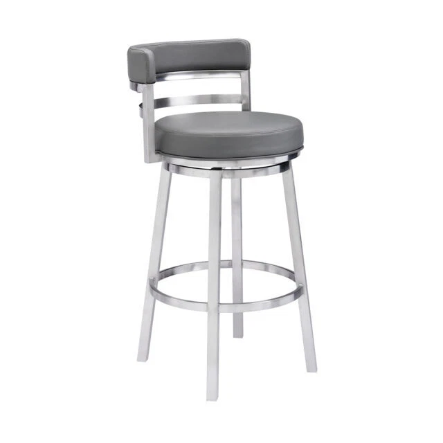 Armen Living Madrid LCMABABSGR26 Gray Faux Leather & Steel Bar Stool