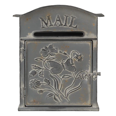 Vintage Style Distressed Grey Taupe French Mail Letter Post Box Butterfly Floral - Image 1 of 3