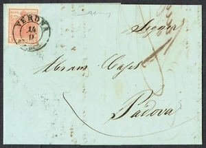 1852 Lombardy Venetia 15c Red VERONA CDS b/s s/l 'PADOVA/14 SEPT' Contents Fine - Picture 1 of 2