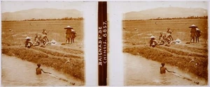 Chine.China.Baignade d'enfants Chinois.Vue stereo sur verre 45x107mm.Glass view. - Picture 1 of 1