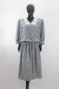 Vintage 80s Blue Paisley Midi Dress Lace Collar ILGWU Union Made USA Sz 18 AV-31 - Picture 1 of 12