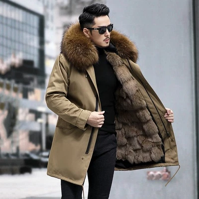 Mens Parker Suit Coat Fox Fur Inner Liner Hooded Thick Warm Winter New Fur Coat - Image 1 of 4