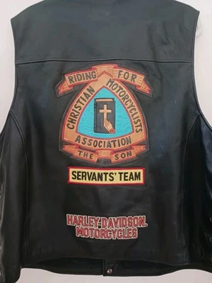 Chaleco de cuero Harley Davidson 2XL parches laterales con cordones motociclistas cristianos A Foto 1 de 4