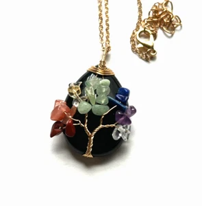GOLD TONE WIRE BLACK ONYX GEMSTONE HEART TREE OF LIFE PENDANT NECKLACE #2 - Picture 1 of 2