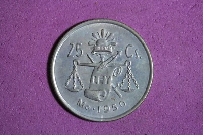 Moneda de 25 centavos de plata Mo México 1950 30 % #M20974 Foto 1 de 2