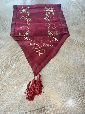 Table Runner Burgundy Embroidered Beaded Silk 84”X 15” With Tassels - Image 1 of 4