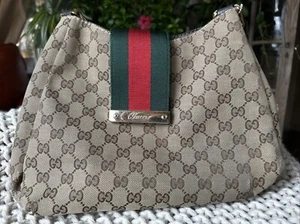 Gucci Auténtico GG Grande Marrón Beige Lona Cuero Hobo Bolso Web Monograma Pasarela - Imagen 1 de 21