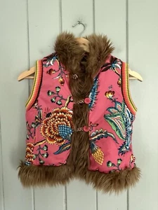 Oilily Girls Puffer Vest 116 6 Faux Fur Trim Pink Paisley Button Front - Picture 1 of 8