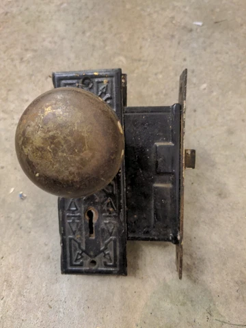 Antique Salvage Mortise Lock Plates Knobs Art Deco Detail Design Black Cover