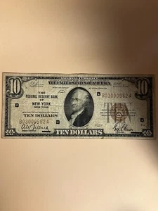 1929 BROWN SEAL FEDERAL RESERVE BANK of NEW YORK TEN DOLLAR $10 DOLLAR BILL (B) - Picture 1 of 3