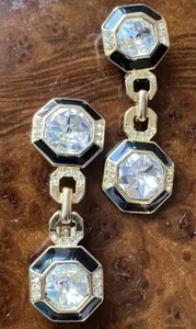 BIJOUX DESIGNS NEW YORK CLIP ON EARRINGS BLACK ENAMEL CLEAR CRYSTALS SIGNED VTG - Picture 1 of 12