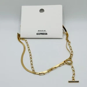 Express Gold Tone Layered Chain Necklace Set Toggle Herringbone Link Jewelry New - Picture 1 of 4