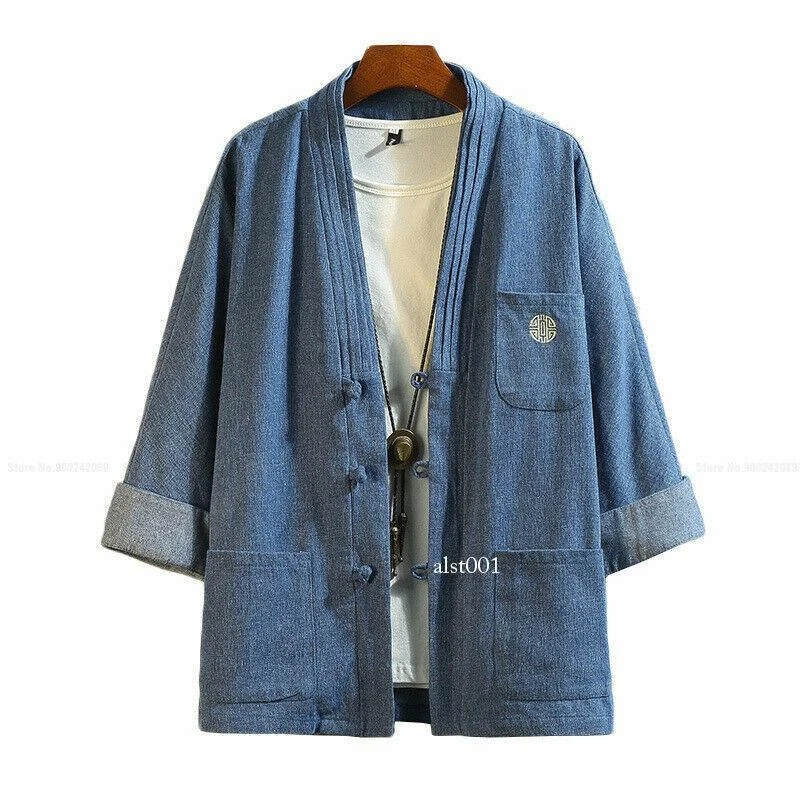 Men's Vintage Jeans Hanfu Cardigan Jacket Tops Denim Coat Casual Cowboy Blouse - Image 1 of 1