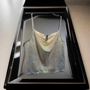 Cami Women Sz SmAnthropologie Top FairyCore Cropped Sequin Shine Cowl Neck Sexy - Picture 1 of 23