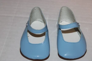 Baby Blue Patent Leather Doll Shoes, Side Button, Vintage - Picture 1 of 9