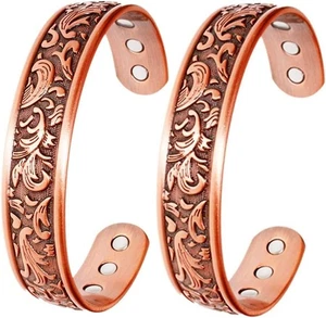2 Pack Pure Copper Magnetic Bracelet Arthritis Pain Therapy Energy Cuff Leaves - Picture 1 of 7