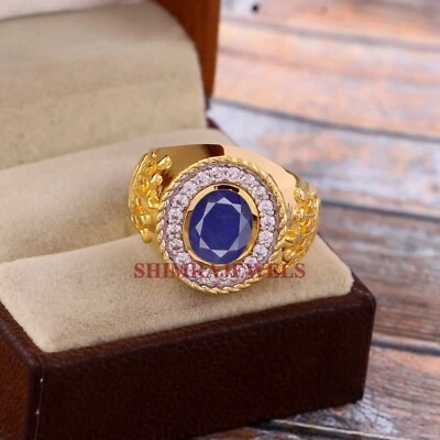 天然 Lapis Lazuli 宝石带 18K 镀金银戒指 男式 #1199 — 第 1/4 张图片