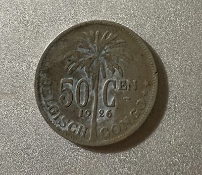1926 Belgian Congo 50 Cen, Belgian Colonial Coin VERY RARE - Image 1 of 2