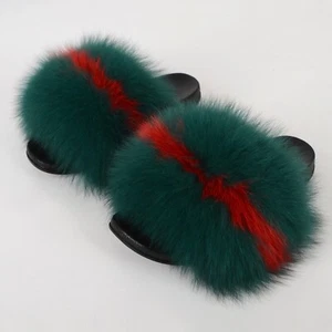 Red Green-Women's Real Fox Fur Slides Max Large XXL Furry Slipper Sandals Shoes - Picture 1 of 1