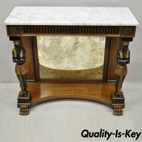 Egyptian Revival Marble Top Figural Carved Ebonized Console Hall Table w Drawers Cover