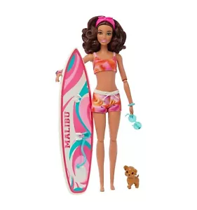 NUEVO EN CAJA Muñeca Barbie con Tabla de Surf y Cachorro - Posable Morena Playa Barbie - Imagen 1 de 4
