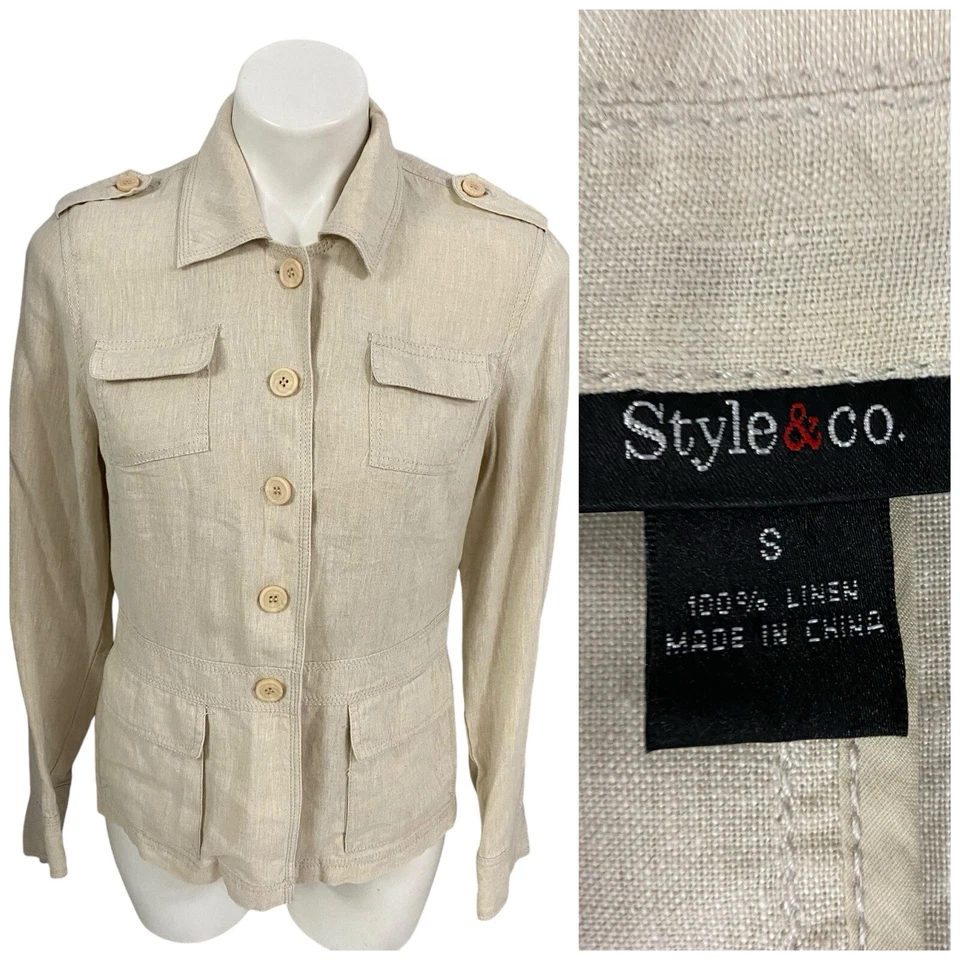 Blazer Style & Co Mujer Pequeña Chaqueta de Lino Tostado Safari Utilidad Trabajo Oficina Básico Foto 1 de 4