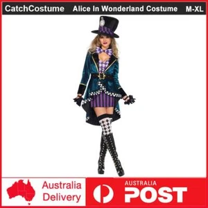 Ladies Mad Hatter Costume Alice In Wonderland Halloween Book Week Dress Outfit - Picture 1 of 9