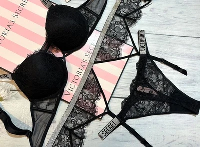 Victoria's Secret Bombshell Shine Strap Lace Push-Up Bra Thong Garter Set Black - Image 1 of 4