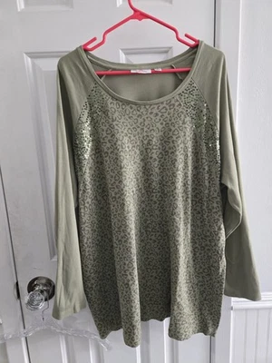 The Quacker Factory Green Animal Print Sequin Sweater Womans Plus Sz 2X Stunning - Image 1 of 4