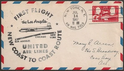 First Flight United Airlines Los Angeles CA to New York NY Jul 14, 1947 SC #UC5 - Image 1 of 2
