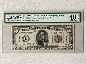 1934A U.S. $5 DOLLARS FRN HAWAII. PMG 40 EPQ. - Picture 1 of 2