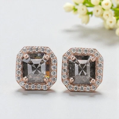 Emerald Shape Salt And Pepper Diamond Earring Emerald Earring Halo Set Earring - Image 1 of 4