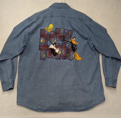 Vintage Garment Graphics Button Up Mens XL Blue Denim Looney Tunes 1994 - Image 1 of 4