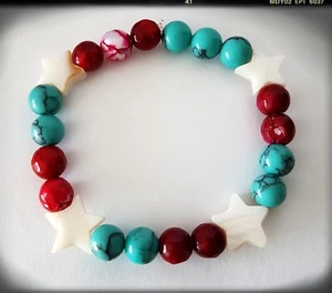 Pulsera Estrellas en Nácar Turquesa y Ágata Roja Bracelet stones Stars - Picture 1 of 4