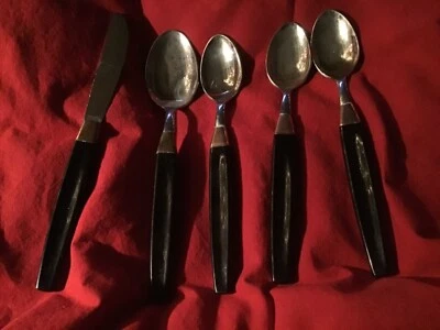 Stainless  Black Lucite Copper Colored Band Flatware Knife Tablespoon 3 Spoons - Image 1 of 2