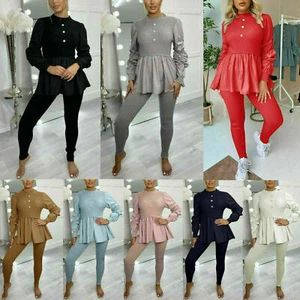 Womens Ladies Ribbed Frill Peplum Loungewear Suit Shirt Contrast Tracksuit Set - Picture 1 of 11