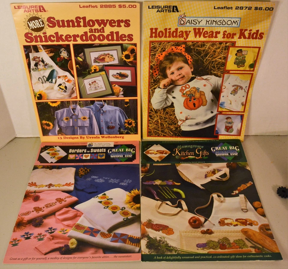 4 Cross Stitch Leaflets Sunflowers Snickerdoodles Holiday Kids Kitchen Sweats - Image 1 of 1