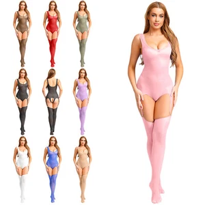 Ärmelloser glänzender Damen Body mit Strümpfen Einteiler durchsichtig Nachtwäsche - Bild 1 von 58