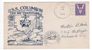 USS COLUMBUS 1945 COMMISSIONING NAVAL COVER RICHELL THERMOGRAPH CACHET  - Picture 1 of 2