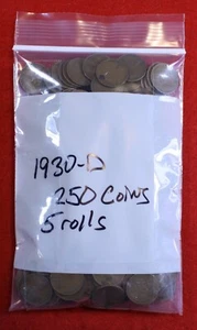 1930-D Lincoln Wheat Cent Penny 250 Coins 5 rolls Circulated roll coin - Picture 1 of 5