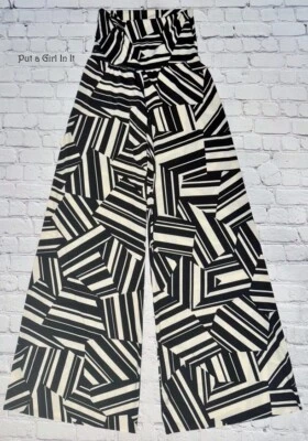 Nuevo USA Mujer PANTALONES PALAZZO SEDOSOS BOHO CINTURA ALTA NEGRO BLANCO ROTO S M L Foto 1 de 3