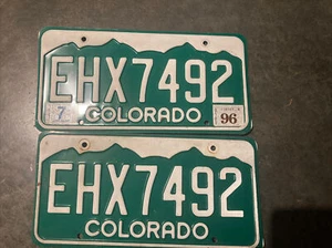 License Plate Vintage Matching Pair Colorado 1996 EHX7492 Rustic USA - Picture 1 of 2