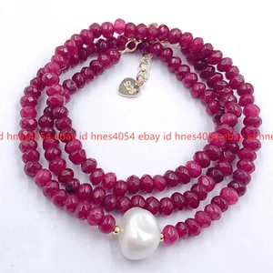 Pretty 2x4mm Faceted Red Chalcedony White Baroque Pearl Necklace 18 Inches - Picture 1 of 12
